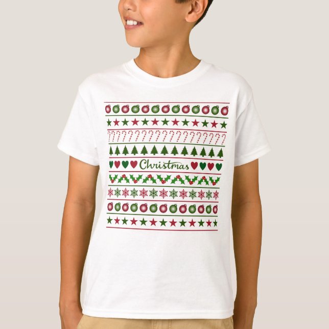 Liebe-Weihnachtsmotiv-Muster-Grün-weißes Rot T-Shirt (Vorderseite)