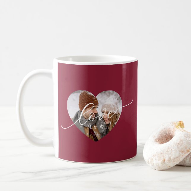 Liebe Weißes Skript Herz Foto Rot Kaffeetasse (Mit Donut)