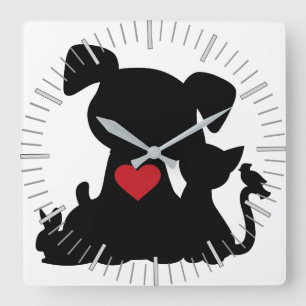 Liebe Welpe und Kitten Silhouette Quadratische Wanduhr