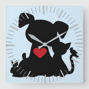 Liebe Welpe und Kitten Silhouette Quadratische Wanduhr