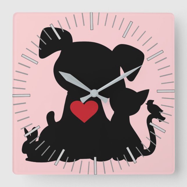 Liebe Welpen und Kitten Silhouette Rosa Quadratische Wanduhr (Vorderseite)