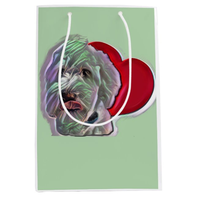 Liebe White Goldendoodle PopArt mit Herz Mittlere Geschenktüte (Vorderseite)