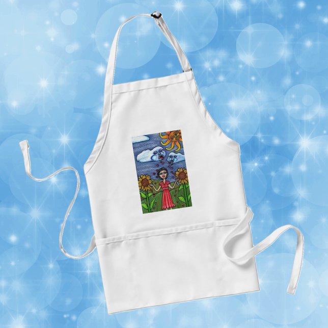 Liebe wird dich wachsen lassen schürze (Lady with sunflowers yellow sun with face clouds raining red hearts on kitchen apron.)