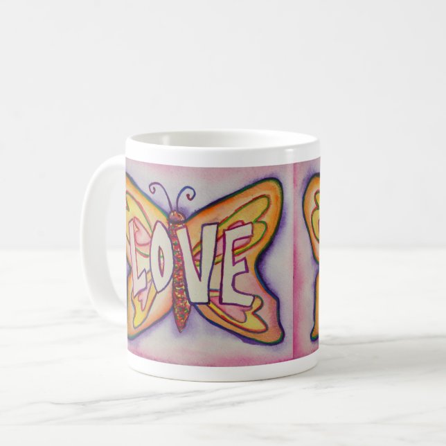 Liebe Word Art Pink Butterfly Tasse Kaffee (Vorderseite Links)