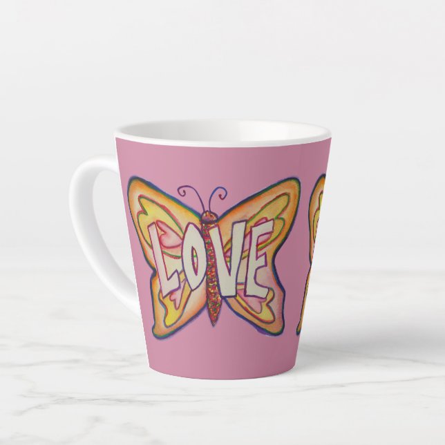 Liebe Word Art Pink Butterfly Wing Cup Latte Tasse (Linke Ecke)