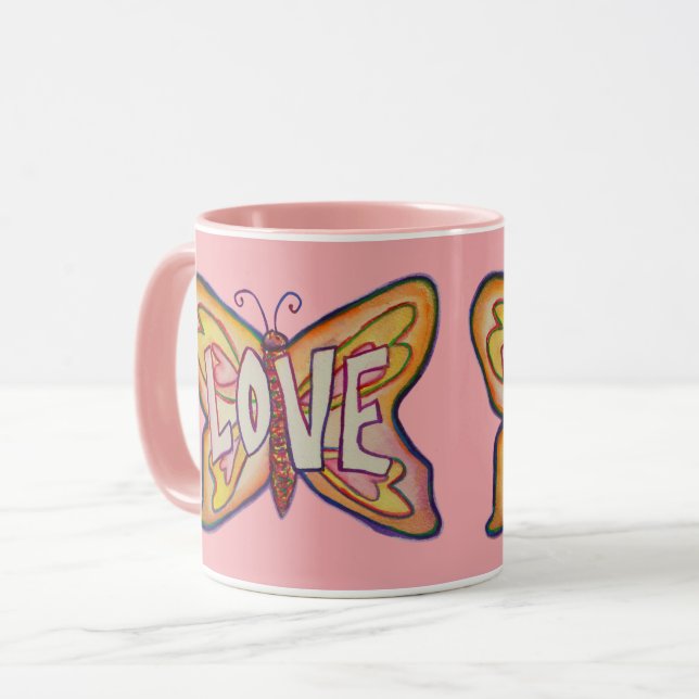Liebe Word Art Pink Butterfly Wings Kaffee Tasse C (Vorderseite Links)