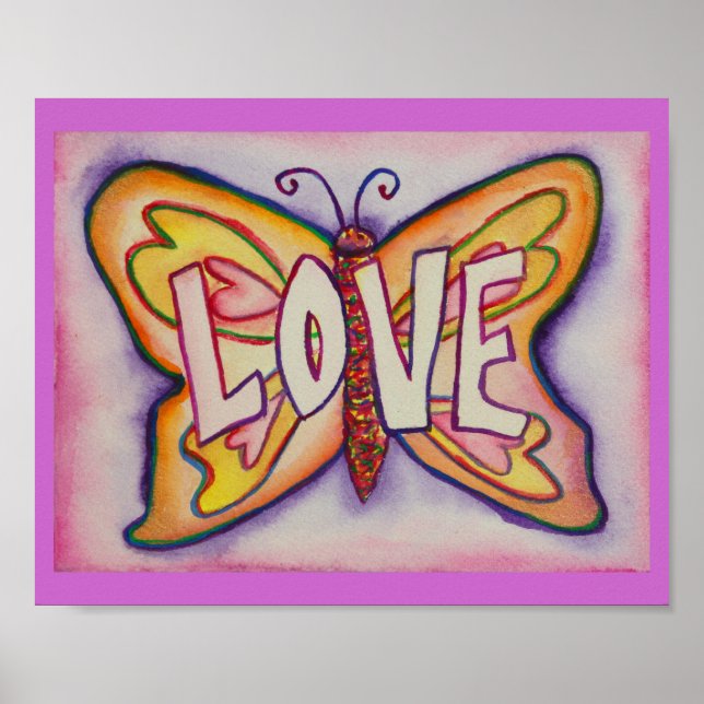 Liebe Word Pink Butterfly Artwork Poster druckt (Vorne)