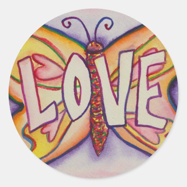 Liebe Word Pink Butterfly Custom Art Decoder Stick Runder Aufkleber (Vorderseite)