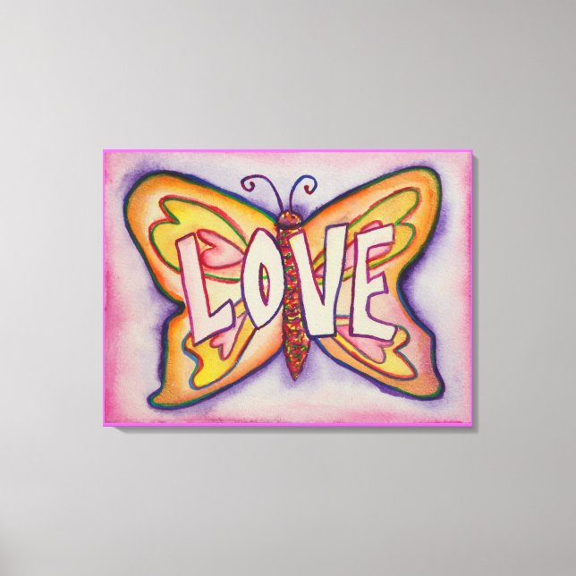 Liebe Word Rosa Schmetterling Leinwand Artwork (Vorderseite)
