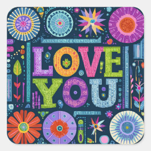 Liebe You, buntes Vintages Design, Quadratischer Aufkleber