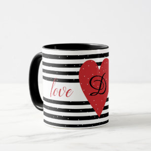 Liebe You Modern Red Heart Stripes Monogramm Tasse