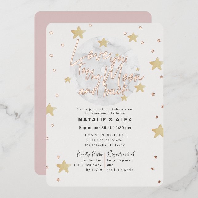 Liebe You Moon & Back Girl Baby Dusche Folieneinladung (Vorderseite/Rückseite)