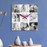 Liebe You Nana farbenfroh kühl modern 8 Foto Colla Quadratische Wanduhr<br><div class="desc">"Liebe du Nana." Sie liebt jede Minute mit ihren Enkelkindern. Ein spielerisches, skurriles, stilvolles visuelle mit bunten Regenbogenfarben, kühlem Typografie und handgeschriebener schwarzer Typografie überlagert ein weiches, hellrosa Herz und einen weißen Hintergrund. Fügen Sie 8 hochgeschätzte Fotos Ihrer Wahl hinzu und passen Sie die Namen und die Botschaft an, für...</div>