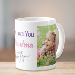 Liebe You Oma Foto Lila Rosa Kaffeetasse<br><div class="desc">Feiern Sie Oma mit diesem individuellen Foto-Design mit zwei Fotos Enkel oder Enkel und lila und rosa Text. Man kann den Ausdruck "I Liebe You" oder "We Liebe You" personalisieren und personalisieren, ob sie "Oma", "Nana", "Mama Mama" usw. genannt wird. Sie können auch die Namen und das Jahr des Enkelkindes...</div>