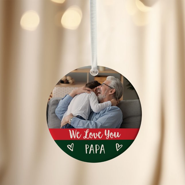 Liebe You Papa | Rotgrüner Farbblock Zwei Fotos Ornament (A colorful, modern red and green Christmas ornament with two photos for Papa)