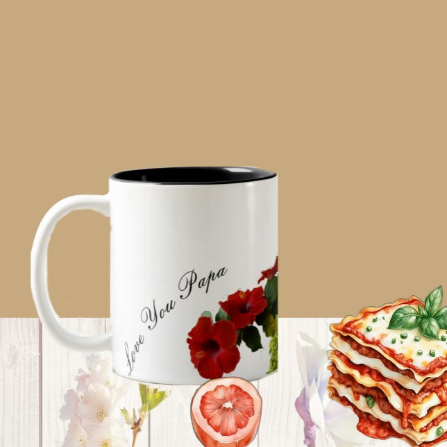 Liebe You Papa Vatertag Blumenroter Hibiskus Zweifarbige Tasse (Love You Papa Father's Day Floral Red Hibiscus Two-Tone Coffee Mug)