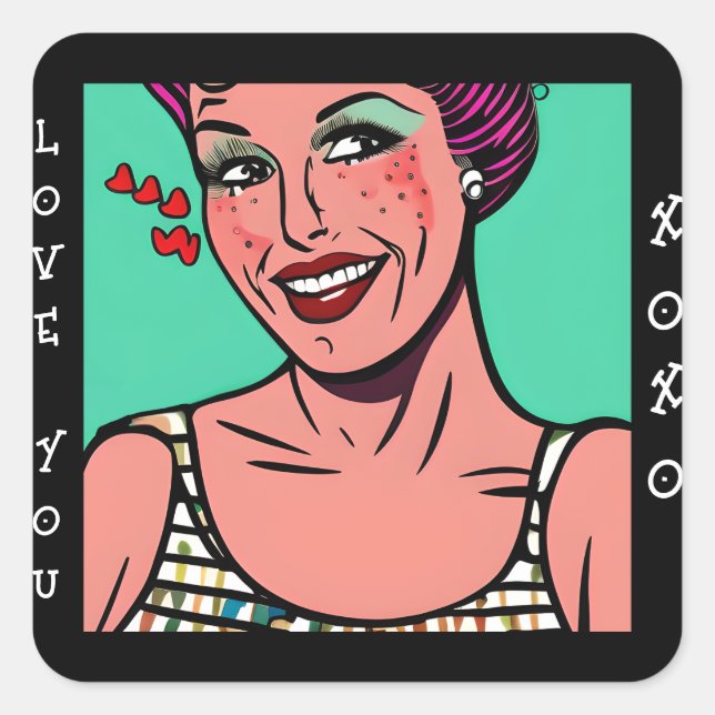 Liebe You xoxo Retro Pop Art Quadratischer Aufkleber (Vorderseite)