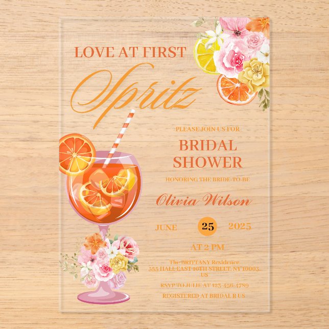 Liebe zum ersten Spritz Floral Cocktail Brautparty Acryleinladungen (Vorderseite)