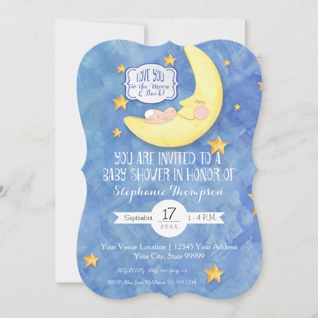 Liebe zum Mond auf der Rückseite Wasserfarben Baby Einladung (Vorderseite)