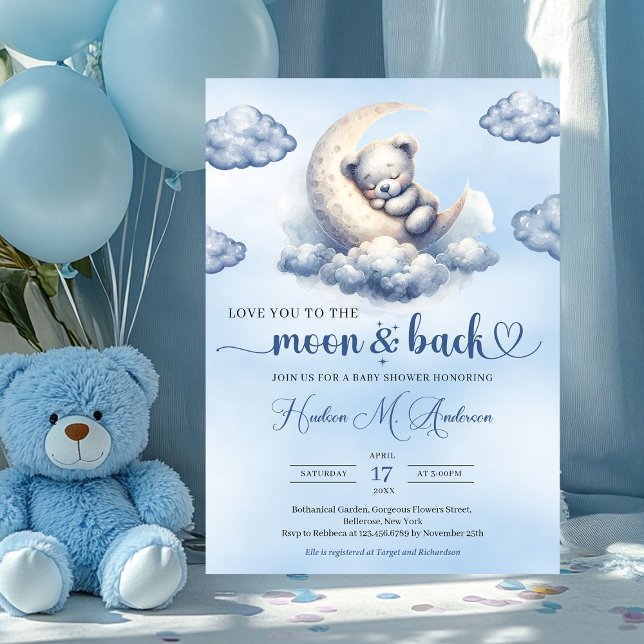 Liebe zum Mond und zum Teddybär Einladung (12 love you to the moon and back - boy baby shower invitation with teddy bear)