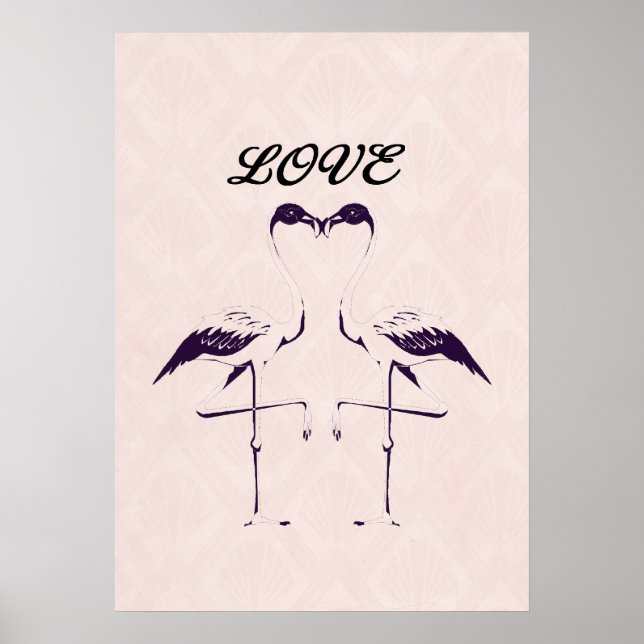 Liebe Zwei Flamingo-VögelHerz rosa Schwarz Poster (Vorne)