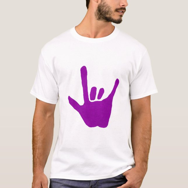 Liebehand, Zeichensprache in Lila auf T-Shirt (Vorderseite)