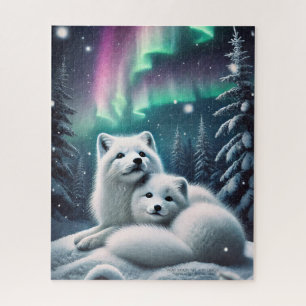 Liebende arktische Füchse Nordlichtschneewald Puzzle