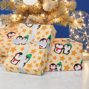Liebende Pinguine und Stars Feierlich Gelb Nahtlos Geschenkpapier