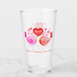 Liebende Vögel Herz rosa 1. Jubiläum Kunst Glas