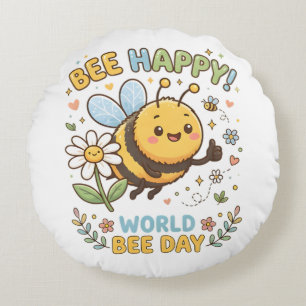 Liebenswerte "Bee Happy!"-Illustration für den Wel Rundes Kissen