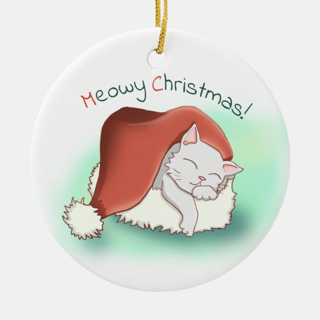 Liebenswürdiger Grey Cartoon Cat Snoozing in Santa Keramik Ornament (Vorne)