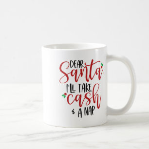 Lieber Weihnachtsmann nimmt Bargeld und ein Nicker Kaffeetasse