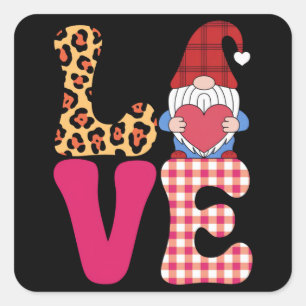 Liebes-Gnom Valentinstag Roter Buffalo-Karo Leopar Quadratischer Aufkleber