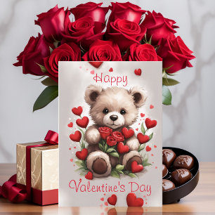 Liebes Herz Teddybär und Rosen Valentinstag Karte