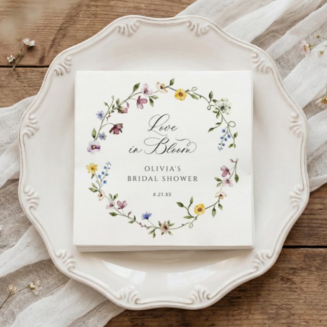 Liebesblüten-Blumen-Wildblumen-Brautparty Serviette (Bridal shower napkins with watercolor wildflower wreath and elegant love is in bloom script)