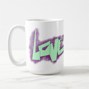 Liebesgraffiti lila grün mint typografie punkte kaffeetasse