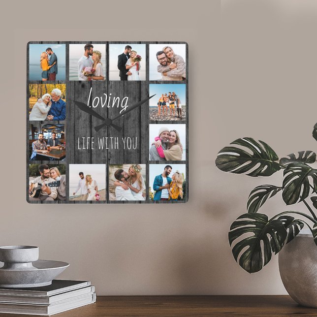 Liebesleben mit Ihnen Zitat 12 Foto Grauholz Quadratische Wanduhr (Grey wood effect clock with 12 photos - lettered with "loving life with you")