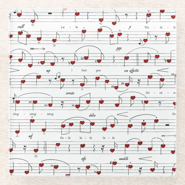 Liebeslied Rot-Herz-Musik-Score Glasuntersetzer (Vorderseite)