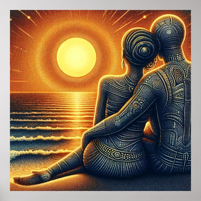 Liebespaar bei Sonnen Untergang am Meer Poster (Vorne)