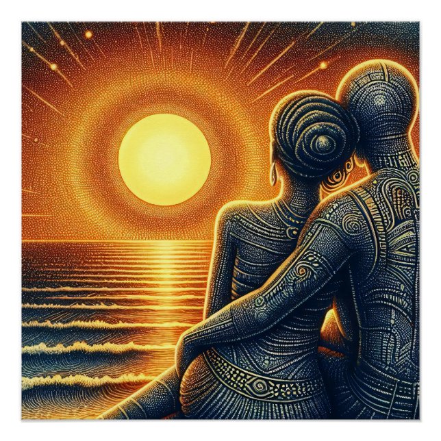 Liebespaar bei Sonnen Untergang am Meer Poster (Vorderseite)