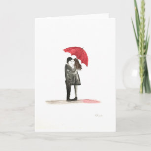Liebespaar mit rotem Regenschirm Feiertagskarte
