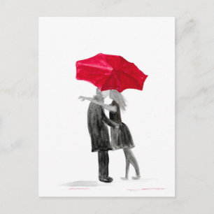 Liebespaar mit rotem Regenschirm Postkarte