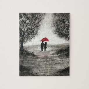 Liebespaar mit rotem Regenschirm Puzzles