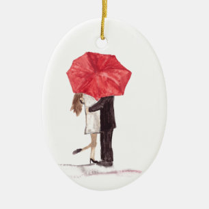 Liebespaar unter rotem Schirm Keramik Ornament