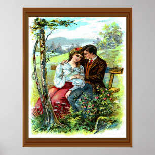 Liebespaar Vintage Umarmer Bank Blumenmuster Poster