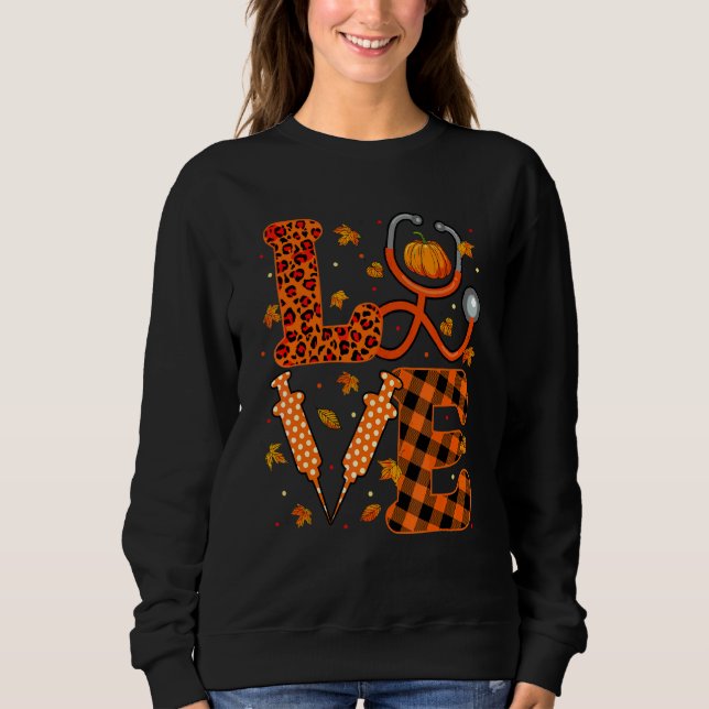 Liebesstethoskop Herbst Kürbis Leopard Karo Sweatshirt (Vorderseite)