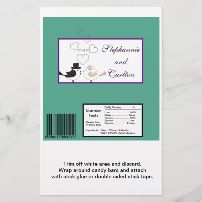 Liebesvögel Aquamarin/Lila Hochzeit Candy Wrapper Flyer (Vorne)