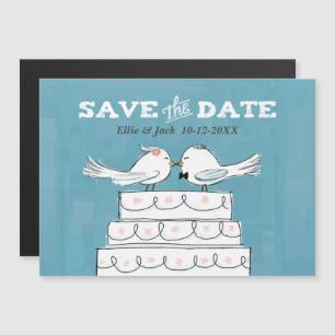 Liebesvögel auf Hochzeitstorte Save the Date Magneteinladung
