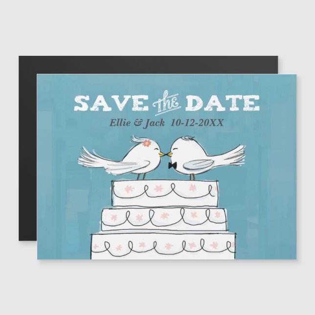 Liebesvögel auf Hochzeitstorte Save the Date Magneteinladung (Vorne/Hinten)