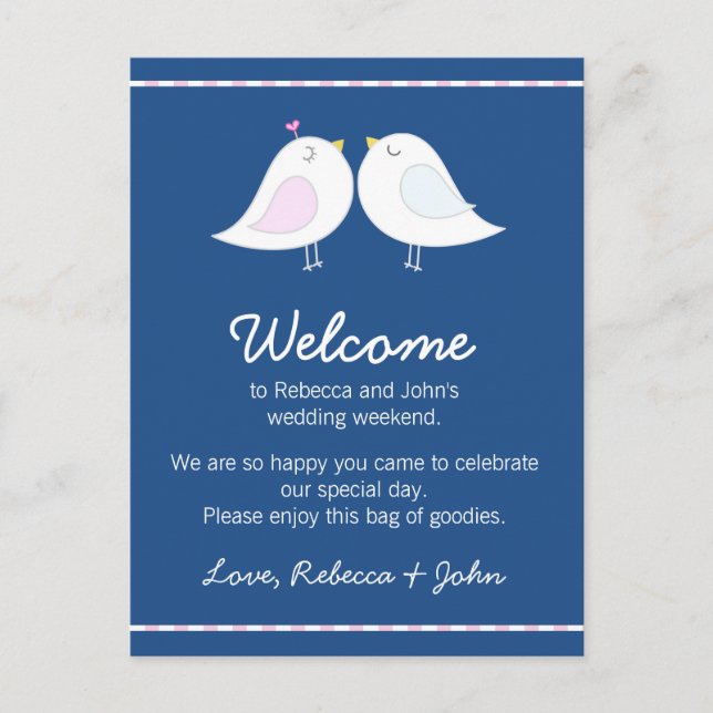 Liebesvögel auf Navy Blue Wedding Welcome Card Postkarte (Vorderseite)